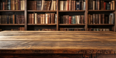 A beautifully crafted rustic wooden table is positioned in front of a vintagefilled bookshelf, which together creates a cozy and warm atmosphere, perfect for enjoying reading and enhancing learningの素材