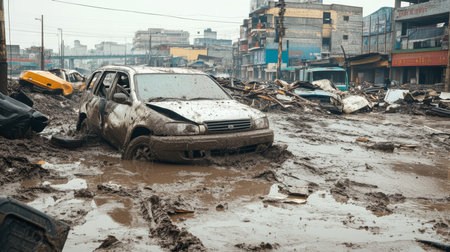 The area is devastated, thick mud covers the ground, damaged vehicles are scattered, and debris is everywhere, highlighting the severe destruction from a recent, unexpected natural disasterの素材