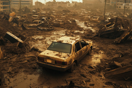 A bleak and devastated urban landscape sprawled out beneath a thick layer of mud, prominently featuring damaged vehicles alongside heaps of debris resulting from a catastrophic natural eventの素材