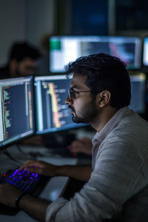 A passionate programmer spends extensive time coding and solving complex problems, brainstorming late into the night on innovative projects that challenge and enhance their skills in techの素材