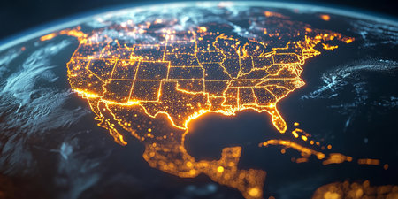 This engaging visualization illustrates North Americas connectivity, showcasing glowing network lights across the USA on a dark globe, highlighting its vast infrastructure and technologyの素材