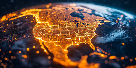A stunning visualization of North America highlights glowing network connections across the USA on a digital Earth globe, showcasing the intricate web of information flow between regionsの素材