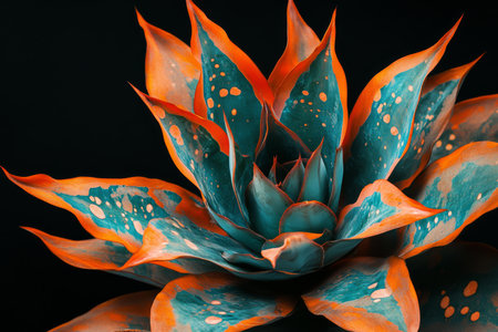 This closeup photograph showcases an intricately detailed succulent with rich teal and vibrant orange leaves, highlighting beautiful patterns that radiate the harmony found in natureの素材