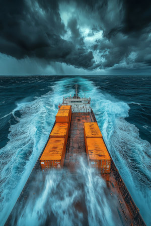 A large cargo ship bravely navigates the turbulent ocean waves while ominous storm clouds loom overhead, and a vibrant sunset illuminates the significant challenges faced by the shipping industryの素材
