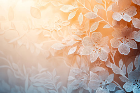 In a closeup of intricate lace, stunning floral designs are softly illuminated by warm light, creating an enchanting atmosphere that captivates with its delicate beauty and craftsmanshipの素材