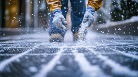A diligent city worker is spreading salt on the icy sidewalk to ensure safety during winterの素材