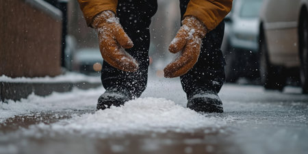 A dedicated city worker is diligently spreading salt on the icy sidewalk during winterの素材