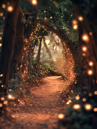 Immerse yourself in the enchanting forest pathway beautifully adorned with glowing fairy lightsの素材