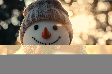In a radiant and sunlit forest, a cheerful snowman wearing a stylish hat and a cozy scarf stands proudly, embodying the joyous spirit of winter play, family fun, and delightful outdoor adventuresの素材
