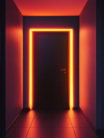 Experience the vibrant LED doorway illuminated with a stunning neon glow that captivatesの素材
