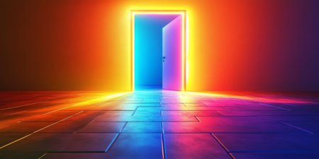 Colorful Neon Doorway A Bright Digital Spectrum of Dynamic Colors and Vibrant Energyの素材