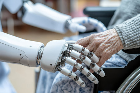 A Robotic Hand Offers Essential Support for an Elderly Woman A Symbol of Care and Techの素材