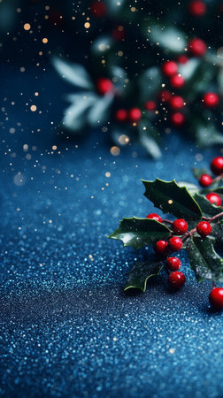 Frosted Holly Leaves and Glimmering Red Berries on an Elegant Shimmering Blue Backgroundの素材