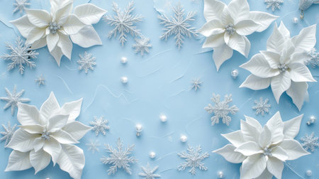 An Elegant and Charming Winter Wonderland Background Featuring Snowflakes and Beautiful Flowersの素材