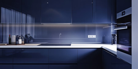 This stunning kitchen features elegant deep indigo cabinets and pristine white quartz countertops, enhanced by a captivating gradient tile backsplash blending shades of blue and indigoの素材