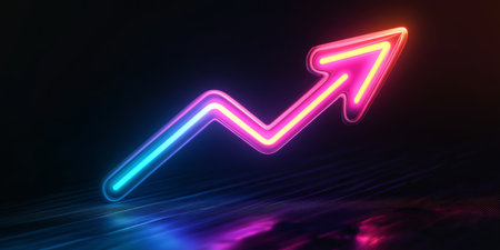 A vibrant and glowing neon arrow that points confidently upwards, symbolizing success, growth, and positive trends across a multitude of fields and industries, signifying development and aspirationの素材