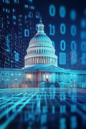 A striking digital image of the historic U.S. Capitol building blends with binary code, showcasing modern technologys impact on government and todays evolving political landscapeの素材