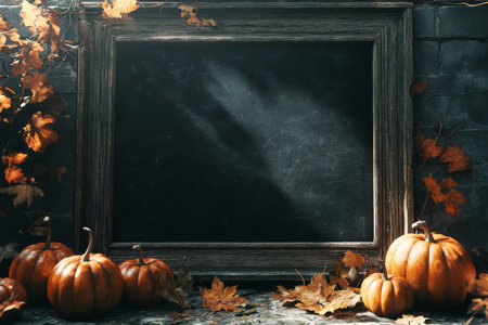 This is a beautiful and cozy autumn scene that features a rustic blackboard, vibrant orange and yellow pumpkins, and colorful falling leaves, making it perfect for Thanksgiving and Halloween decorの素材
