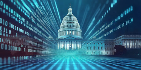 This digital blend of the U.S. Capitol, symbolizing democracy, intertwined with binary code, highlights the crucial intersection of technology, politics, and governance in todays societyの素材