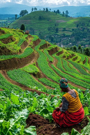 This serene view shows hardworking farmers in Rwandas lush terraced fields, highlighting the nations rich agriculture, vibrant culture, and commitment to community development and growthの素材