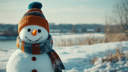 A cheerful snowman stands proudly in a beautiful winter landscape, showcasing the sheer joy and delight of playing in the snowy environment with family on a bright, sunny day in Decemberの素材