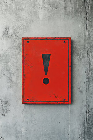 A bold red alert symbol with an exclamation mark stands out against a rugged concrete backdrop, signaling the urgent need for caution and awareness of potential issues or dangers around usの素材