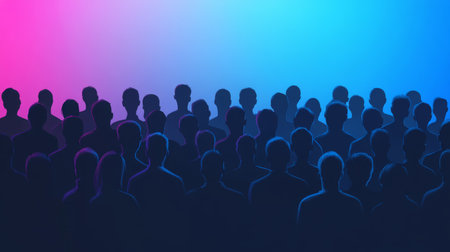 Interconnected silhouettes vividly illustrate a diverse crowd against a beautifully blended gradient of blue tones, effectively showcasing themes of unity, harmony, and community spirit through artの素材