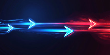 The glowing red and blue arrows, which point upward, create a striking visual contrast against the dark backdrop, evoking a powerful sense of movement, direction, and dynamism in the viewers mindの素材
