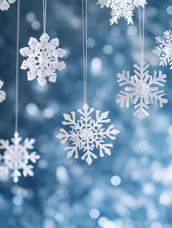 Delicate and enchanting white paper snowflakes dangle gracefully against a shimmering blue backdrop, evoking a magical winter atmosphere filled with charm and serenity during the festive seasonの素材