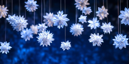 An exquisite arrangement of intricate white paper snowflakes delicately dangling against a rich, deep blue backdrop, creating the perfect ambiance for winter decorations and various festive themesの素材
