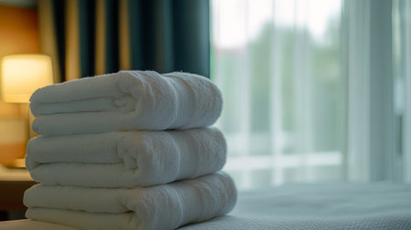 A neat and tidy stack of pristine white bath towels is meticulously arranged on a bed within a hotel room, warmly prepared and ready to welcome new guests who seek comfort and relaxationの素材