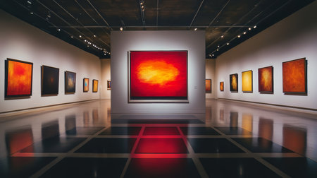 Discover and explore a breathtaking collection of modern abstract artworks that showcase vibrant colors and innovative designs all within the ambiance of a stylish contemporary gallery settingの素材