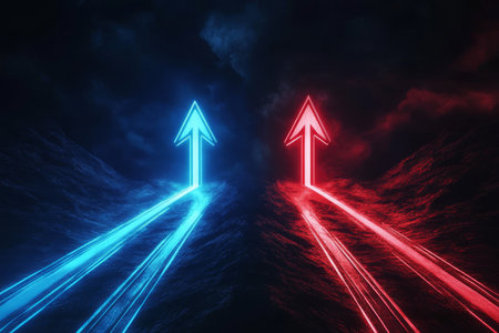 Red and blue glowing arrows guide our attention upward along their contrasting paths, creating a stunning visual display that stands out against the darkness, captivating all who see itの素材