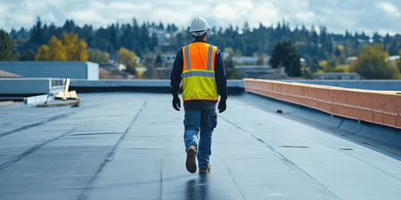 A diligent construction worker safely walks along a flat roof, outfitted with a bright safety vest and a sturdy hard hat, while being surrounded by a bustling urban skyline beneath a cloudy skyの素材