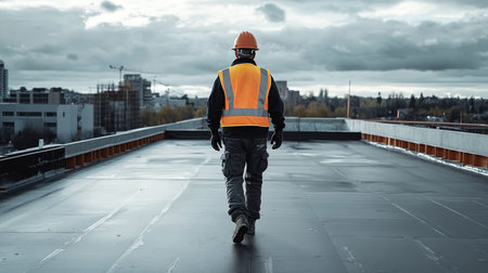 In an urban setting with a skyline and clouds, a construction worker in a reflective vest and hard hat walks confidently across a rooftop, showcasing the professionalism of the industryの素材