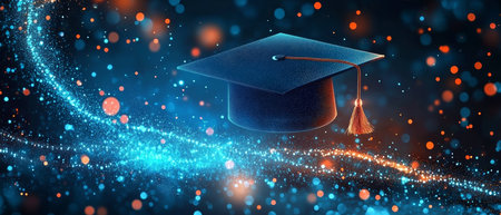 An abstract design features a graduation cap in a sea of shimmering blue particles, symbolizing the transformative power of online education and the future of knowledge and personal growthの素材