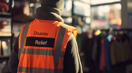 Dedicated volunteers provide essential support during disaster relief, distributing aid to those in need and showcasing their compassion and commitment to helping others during evacuationsの素材