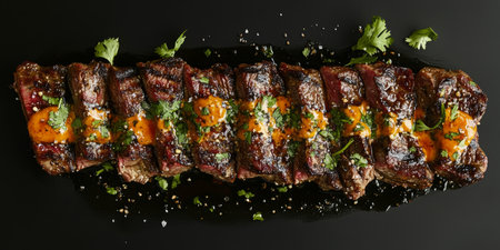 A stunning top view of grilled arrachera skirt steak, elegantly garnished on a sleek black background, creating a captivating culinary presentation. Enjoy every savory bite of this exquisite dishの素材
