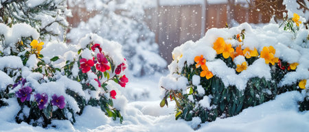 In winter, the garden comes alive with vibrant flowers emerging from the snow, symbolizing beauty and resilience against harsh conditions, reminding us of natures ability to flourishの素材