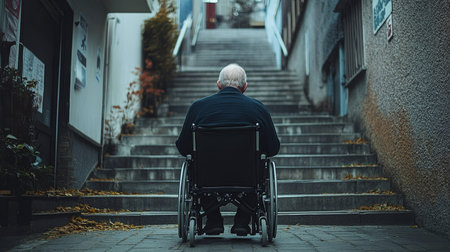 An elderly man seated in a wheelchair encounters a formidable staircase, representing the numerous accessibility challenges that individuals face on a daily basis in various aspects of their livesの素材