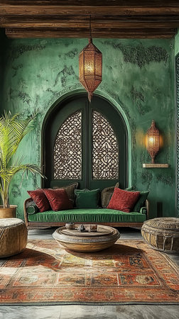 Explore a vibrant rustic Moroccan interior featuring rich green hues, intricate patterns, and cozy furnishings that create a warm, inviting atmosphereの素材