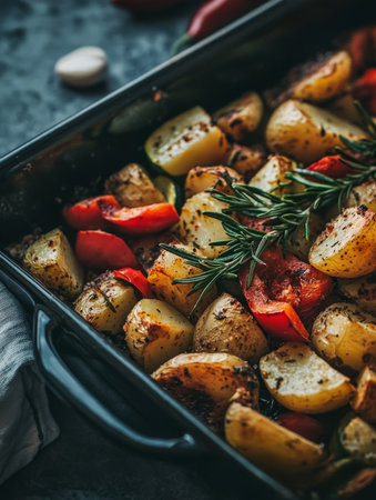 This colorful mix of ovenroasted potatoes, bell peppers, sweet onions, and zucchini, seasoned with garlic and fresh herbs, is a nutritious and delicious dish for any meal, lunch or dinnerの素材