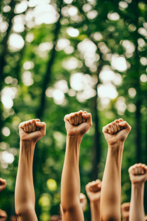 A diverse coalition of individuals stands united, raising their fists in solidarity during a peaceful protest in a sunny park, advocating for social justice and unity among all peopleの素材
