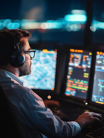 In a dim control center, an air traffic controller monitors flight data on multiple screens, ensuring safe air traffic management, highlighting the immense responsibility of the professionの素材