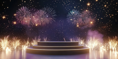 Witness a stunning 3D scene with an elegant podium, lit lanterns, and vibrant fireworks set against a starry night sky, perfect for impactful product presentations that create a lasting impressionの素材