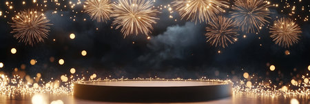 A stunning 3D rendering features a beautifully designed podium under a mesmerizing night sky, illuminated by vibrant fireworks and glowing lanterns in striking black and gold tonesの素材