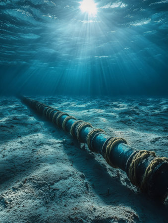 A mesmerizing and serene view of a submarine cable peacefully resting on the ocean floor, beautifully illuminated by soft, diffused sunlight filtering gently through the clear water aboveの素材
