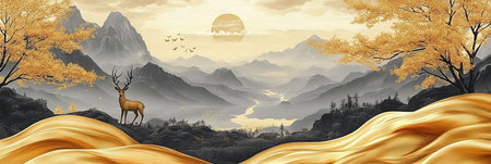 This mesmerizing and captivating 3D illustration showcases striking gray mountains, graceful golden deer, and gently flowing golden waves beneath a radiant sun surrounded by soft, fluffy cloudsの素材