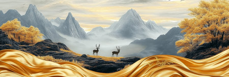 This captivating and stunning 3D illustration beautifully showcases an array of gray mountains, elegant golden deer, and gently flowing waves of gold dancing under a calm and serene sunlit skyの素材