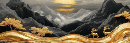 This stunning 3D illustration features majestic gray mountains, shimmering golden waves, and elegant deer, all against a celestial backdrop with a radiant sun and soft, fluffy cloudsの素材